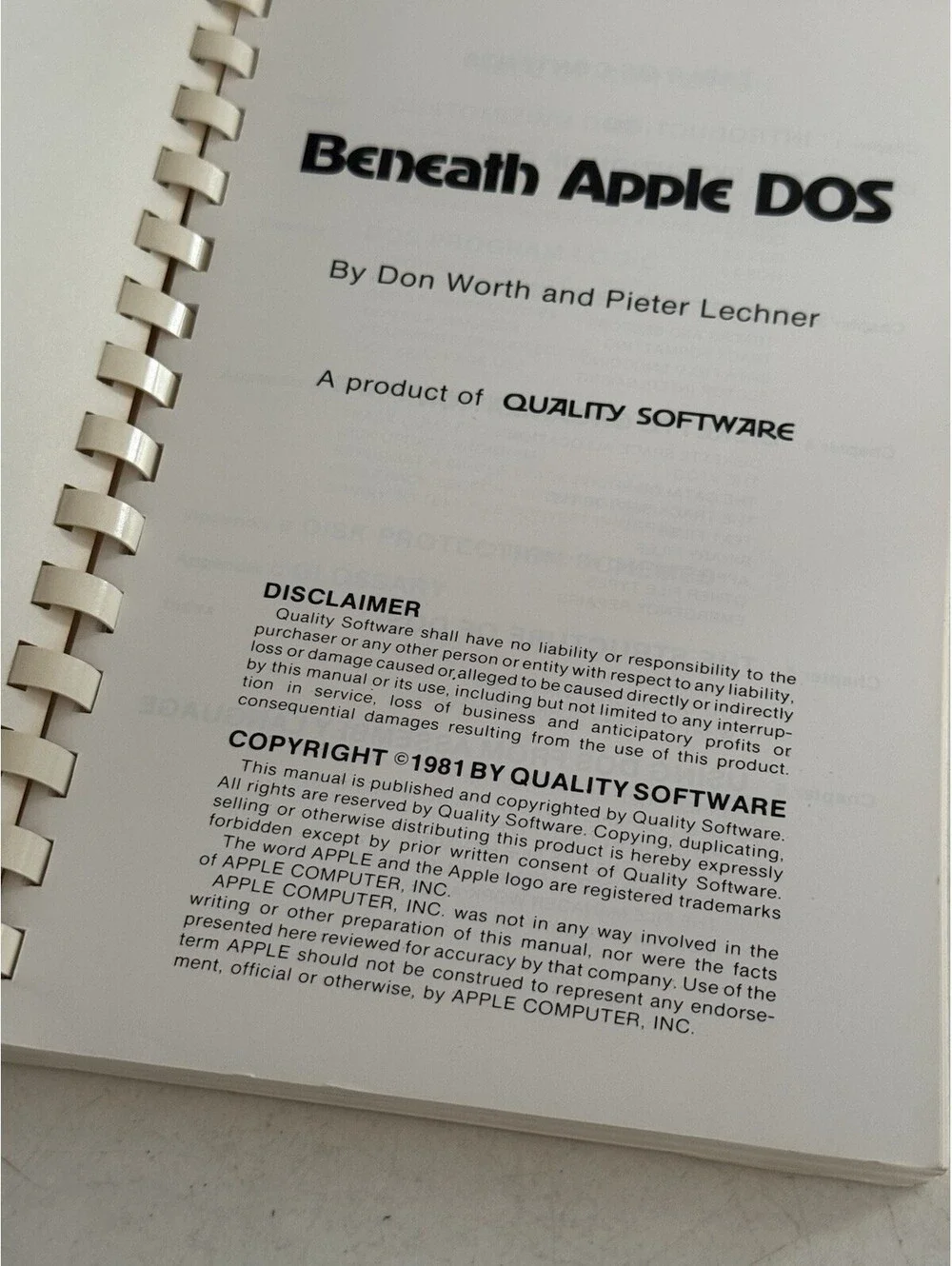 Beneath Apple DOS by Don Worth and Peter Lechner QS Quality Software 1981